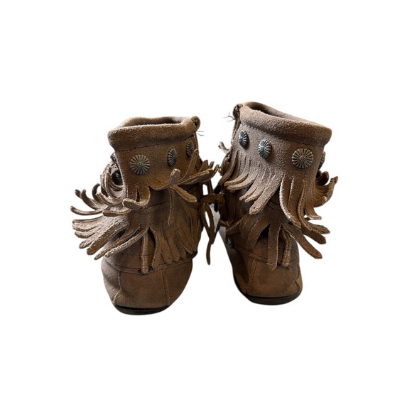 Minnetonka Moccasin Boots Gray Brown Suede Fringe Zipper Womens Ankle Boot READ - Picture 4 of 13